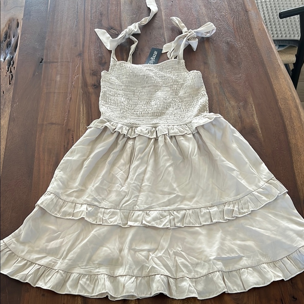 SHEIN Beige Ruffled Smocked Sundress